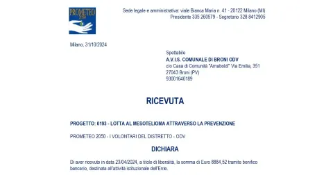 Lotta al Mesotelioma attraverso la Prevenzione - Donazione Prometeo 2050